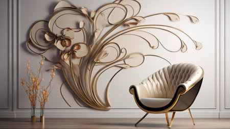 Classic armchair in classic interior with golden ornament.の素材
