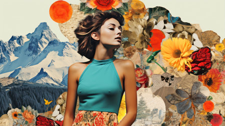 Beautiful young woman with flowers and butterflies. Beauty, fashion.の素材