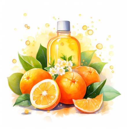 Citrus essential oil in a glass bottle. illustration.の素材