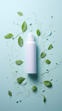 Mockup of cosmetic bottle with green leaves on blue background, top viewの素材