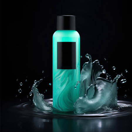 Cosmetic bottle with splashes on black background.の素材