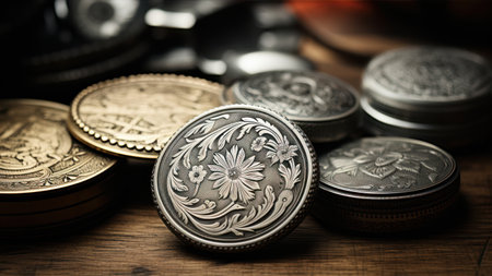 Close up of old coins on a wooden table. Shallow depth of fieldの素材