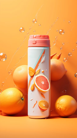 Bottle of water with citrus fruits and splashes on orange backgroundの素材