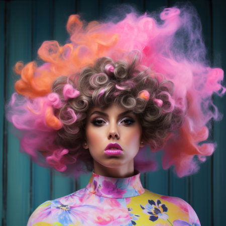 Beautiful young woman with creative hairstyle and colorful make-upの素材