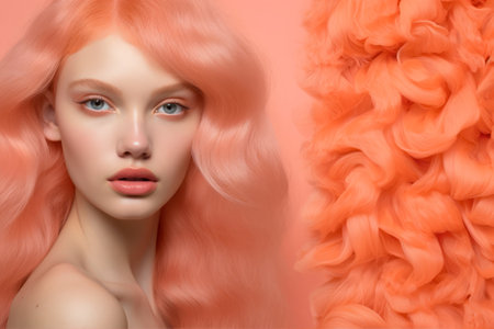 Beautiful young woman with long pink hair. Portrait of a beautiful girl with curly hair on a pink background.の素材
