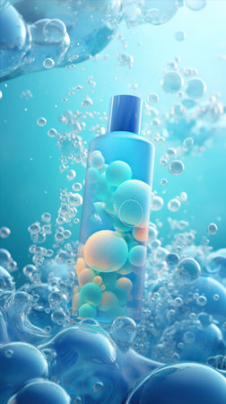 Cosmetic bottle in water with bubbles on blue background.の素材