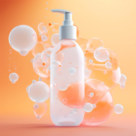 3d render of cosmetic bottle with liquid soap and bubbles on orange backgroundの素材