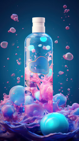 Cosmetic bottle with colorful bubbles on blue background.の素材