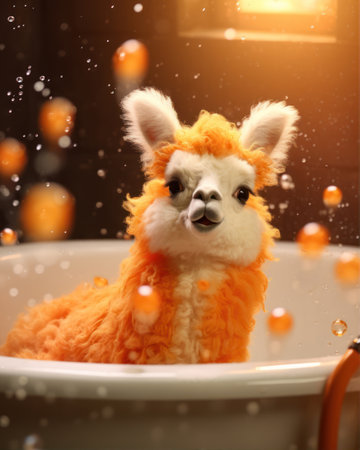 Cute alpaca in bathtub with water drops, closeupの素材