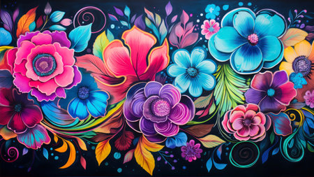 abstract colorful background with floral ornament, fantasy flowers and leaves.の素材