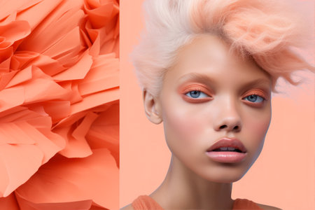 Beautiful young woman with pink hair and orange make-up.の素材