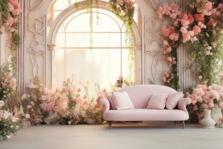 Interior of a room with pink sofa and flowers, interior designの素材