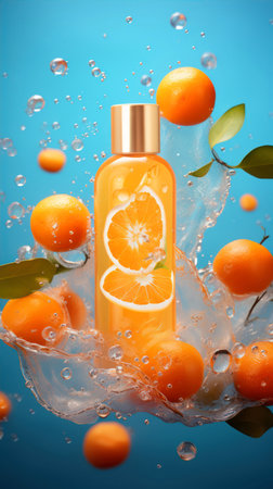 Bottle of orange essential oil with citrus fruits in water splash on blue backgroundの素材