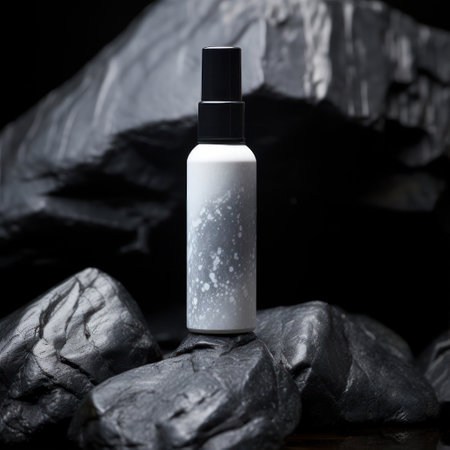 Cosmetic bottle on black stone background. Beauty and spa concept.の素材