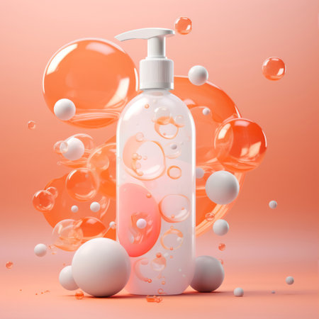 cosmetic bottle with bubbles on a colorful background.の素材
