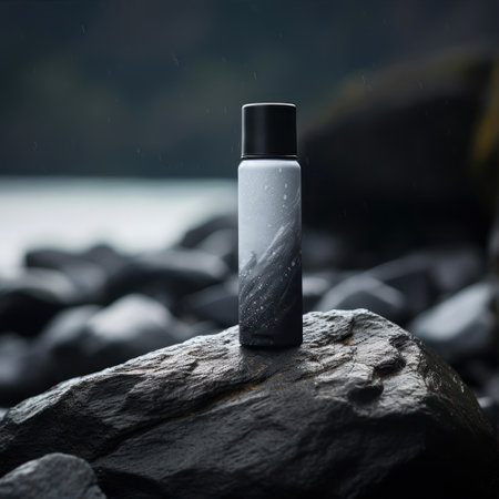 Cosmetic bottle on a stone in the rain. Toned.の素材
