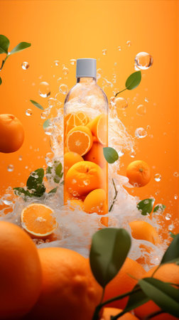 bottle of water with splashes and fresh fruits on orange backgroundの素材