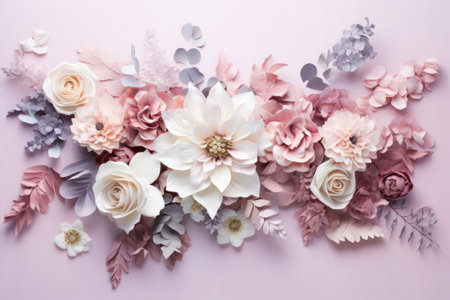 Paper flowers on pink background. Flat lay, top view, copy spaceの素材