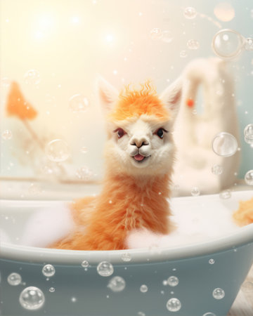 Cute alpaca puppy in bathtub with foam and bubblesの素材