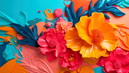 Abstract background of acrylic paints in orange, blue and pink tones.の素材