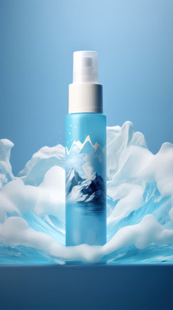 Mockup of cosmetic bottle on blue background with mountains and cloudsの素材
