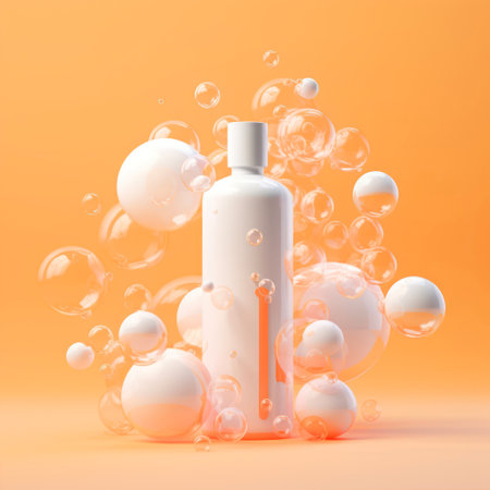 cosmetic cream bottle with bubbles on orange backgroundの素材
