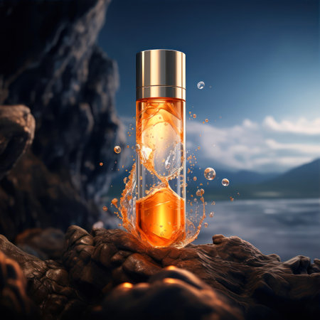 3d rendering of bottle of perfume with splash on stone background.の素材