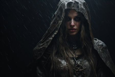 Portrait of a beautiful gothic woman in the rain.の素材