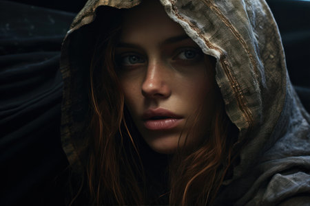 Portrait of a beautiful young woman with long hair in a hoodの素材