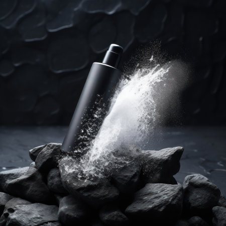 Cosmetic bottle on stone with splashes of water. Black background.の素材