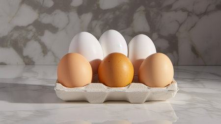 Eggs in egg carton on white marble table background.の素材