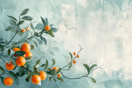 Orange tree branch with fruits on grunge background. Vintage style.の素材