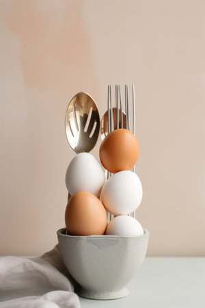 Eggs and cutlery on table against beige wallの素材