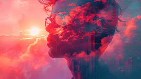 Double exposure of woman face and cityscape at sunset.の素材