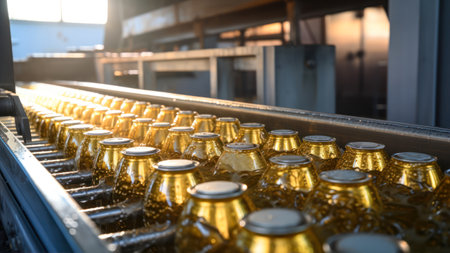 Conveyor belt with bottles of sunflower oil in the factoryの素材