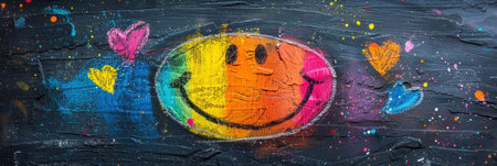 Happy smiley face painted with colorful chalk on a blackboard.の素材