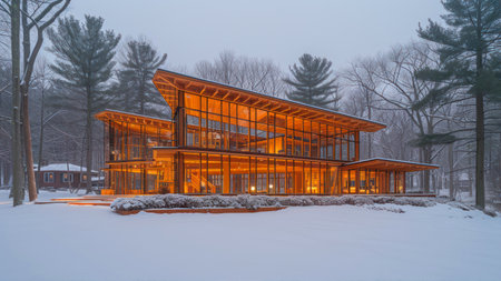 Luxury wooden house in the middle of a snowy forest.の素材