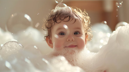 baby bathing in a bathtub with foam and bubbles, close-upの素材