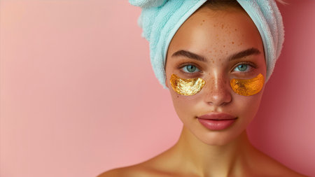 Young woman with gold patches on her face. Skin care concept.の素材