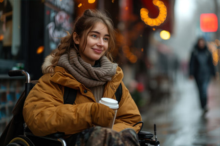 Portrait of a young woman in a wheelchair with a cup of coffee.の素材