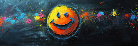 Smiling face painted with colorful paints on blackboard background, panoramaの素材
