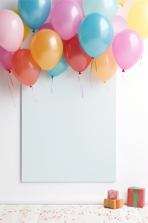 Frame with colorful balloons and gift boxes on wooden floor. Space for textの素材