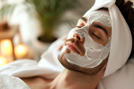 Handsome young man with facial mask at spa salon, closeupの素材