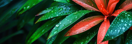 Close up of red and green leaf with water drops on it.の素材