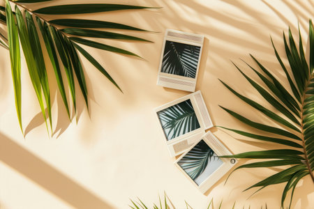 top view of wooden frames with tropical palm leaves on beige backgroundの素材