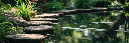 Beautiful landscaping in the public park with pond and stone walkwayの素材