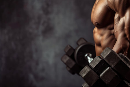 Muscular bodybuilder working out with dumbbells on dark backgroundの素材