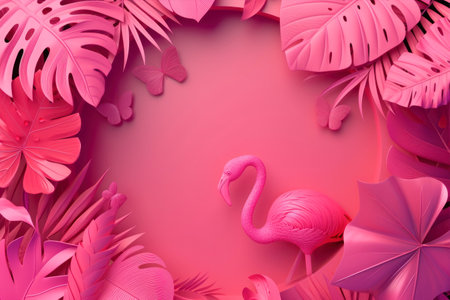 Summer background with pink flamingo and tropical leaves.の素材