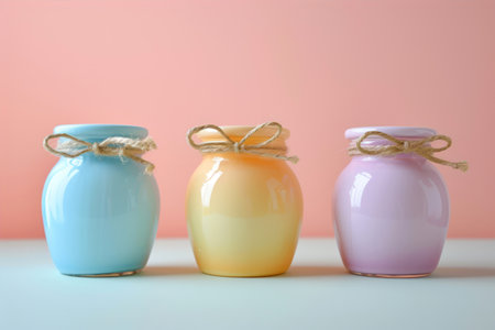 Colorful glass jars on pastel pink and blue background with copy spaceの素材