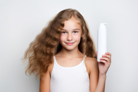 Little girl with long wavy hair holding shampoo bottle on white backgroundの素材